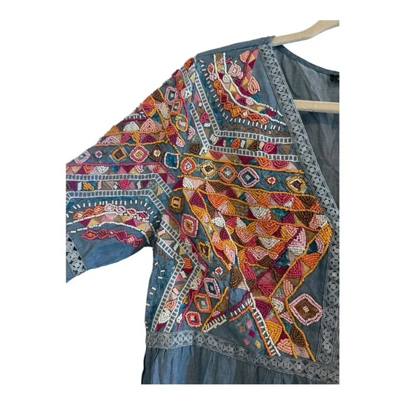 Boston Proper Beaded Long Sleeve Chambray Ruffle Hem Mini Dress Size 12 - Picture 7 of 12